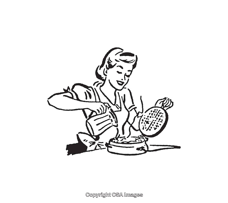 Vintage Black and White Illustration of Woman Making Waffles