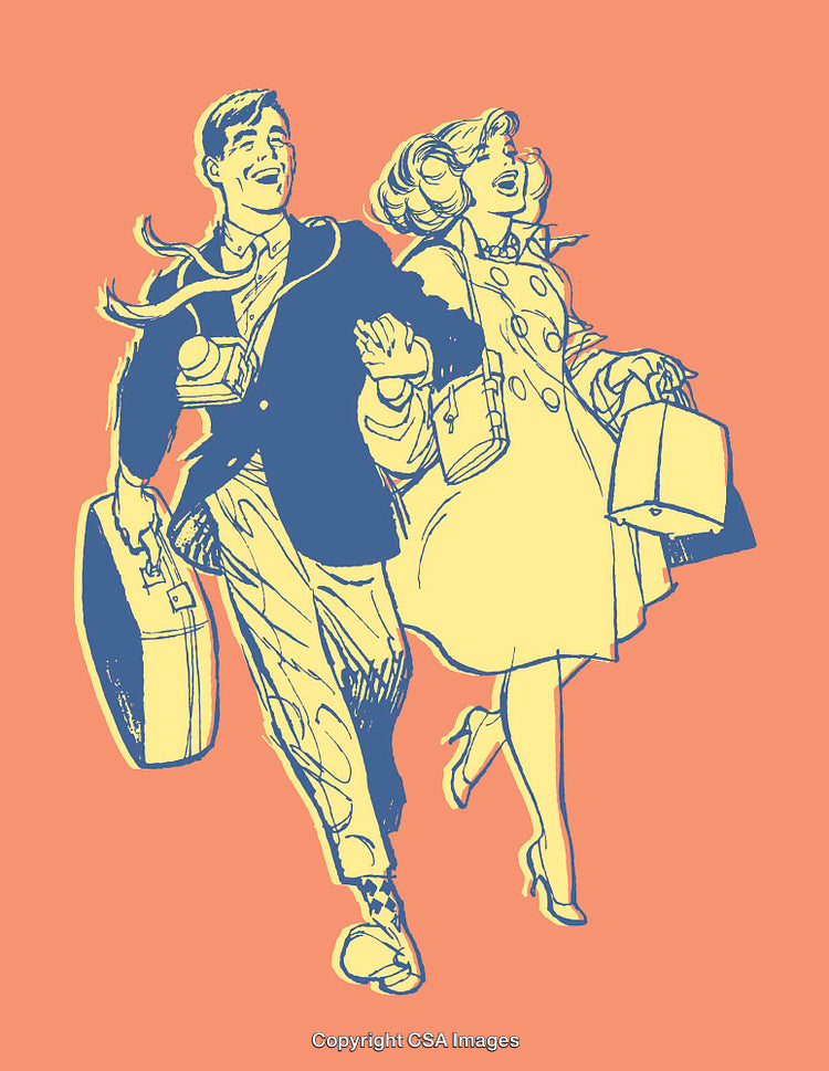 Couple Joyfully Walking Together Holding Luggage in Retro Line Art Style