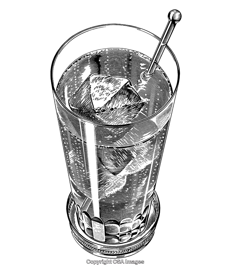 Intricately Engraved Glass of Beverage with Ice and Stirring Stick