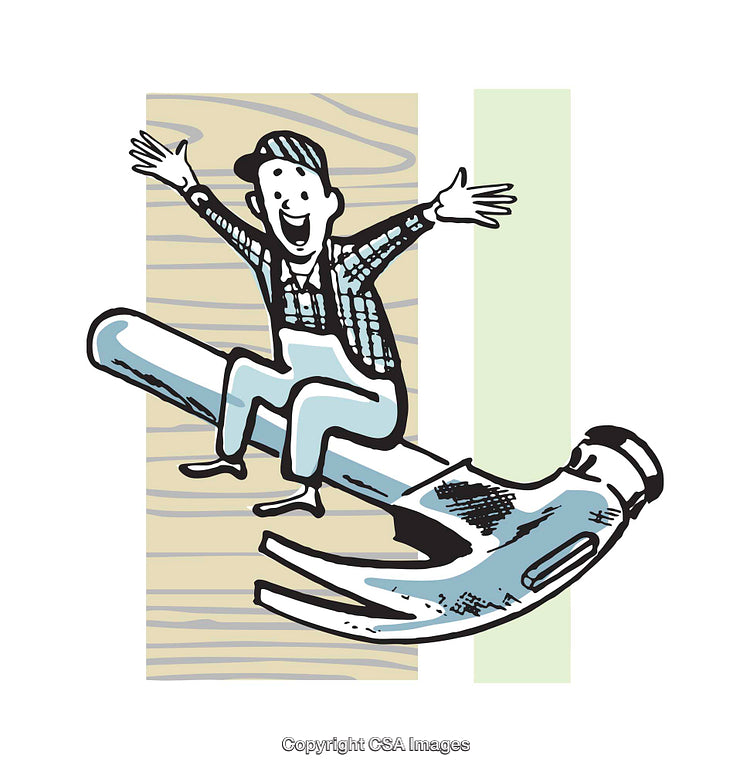 Happy Cartoon Character Sitting on a Large Hammer Illustration