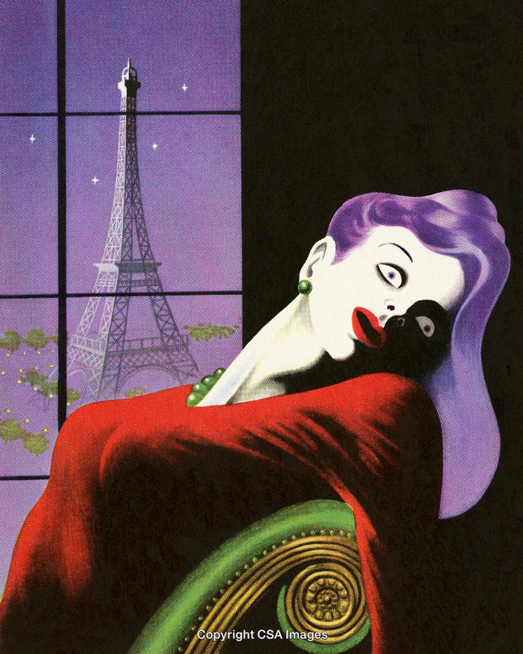 Stylized Woman Glancing with Eiffel Tower and Purple Sky Background