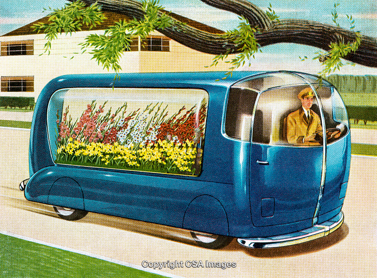 Retro Futuristic Flower Delivery Vehicle Driving in Suburban Environment