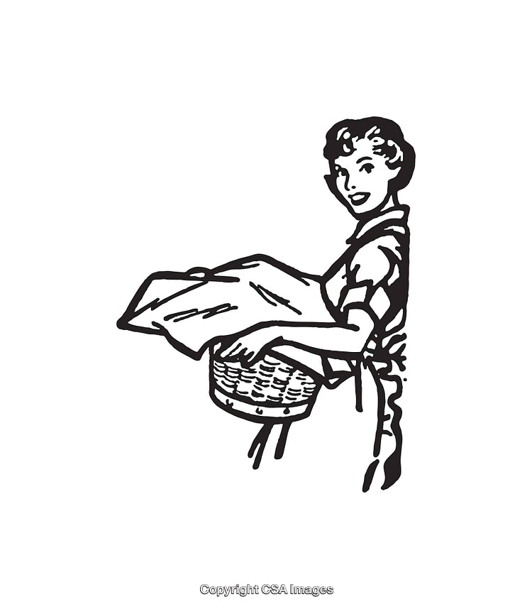 Retro Line Art of Woman Doing Laundry Task Holding Clothes Basket