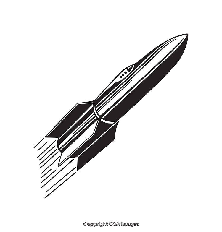 Black and White Line Art of a Rocket in Motion