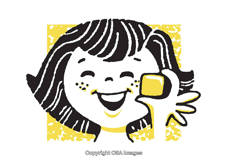 Playful Illustrated Girl Smiling and Holding a Square Object