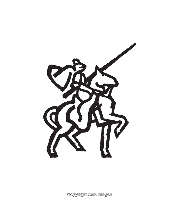 Knight Riding Horse Holding Lance in Black and White Line Art