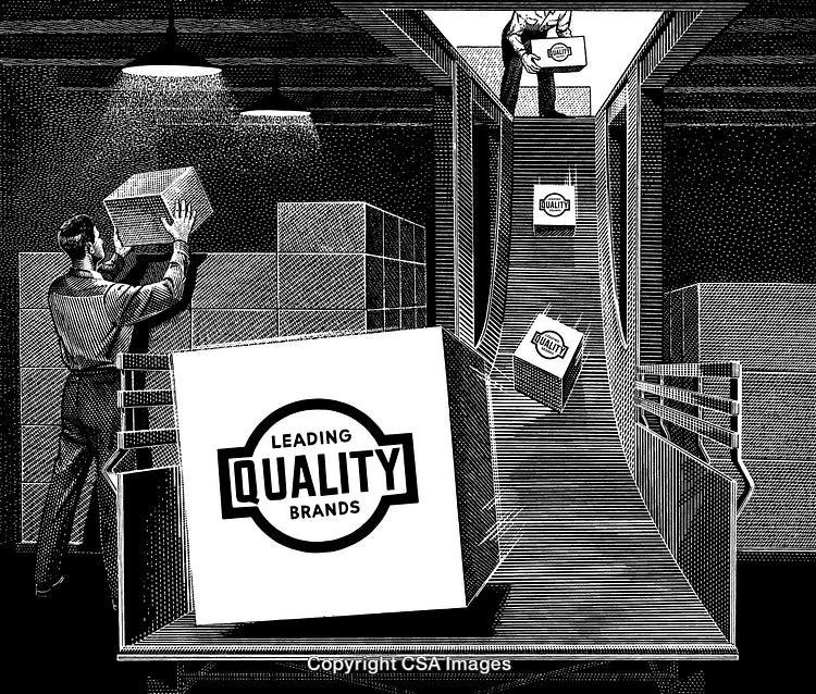 Stylized Warehouse Workers Handling Packages in Detailed Engraved Illustration