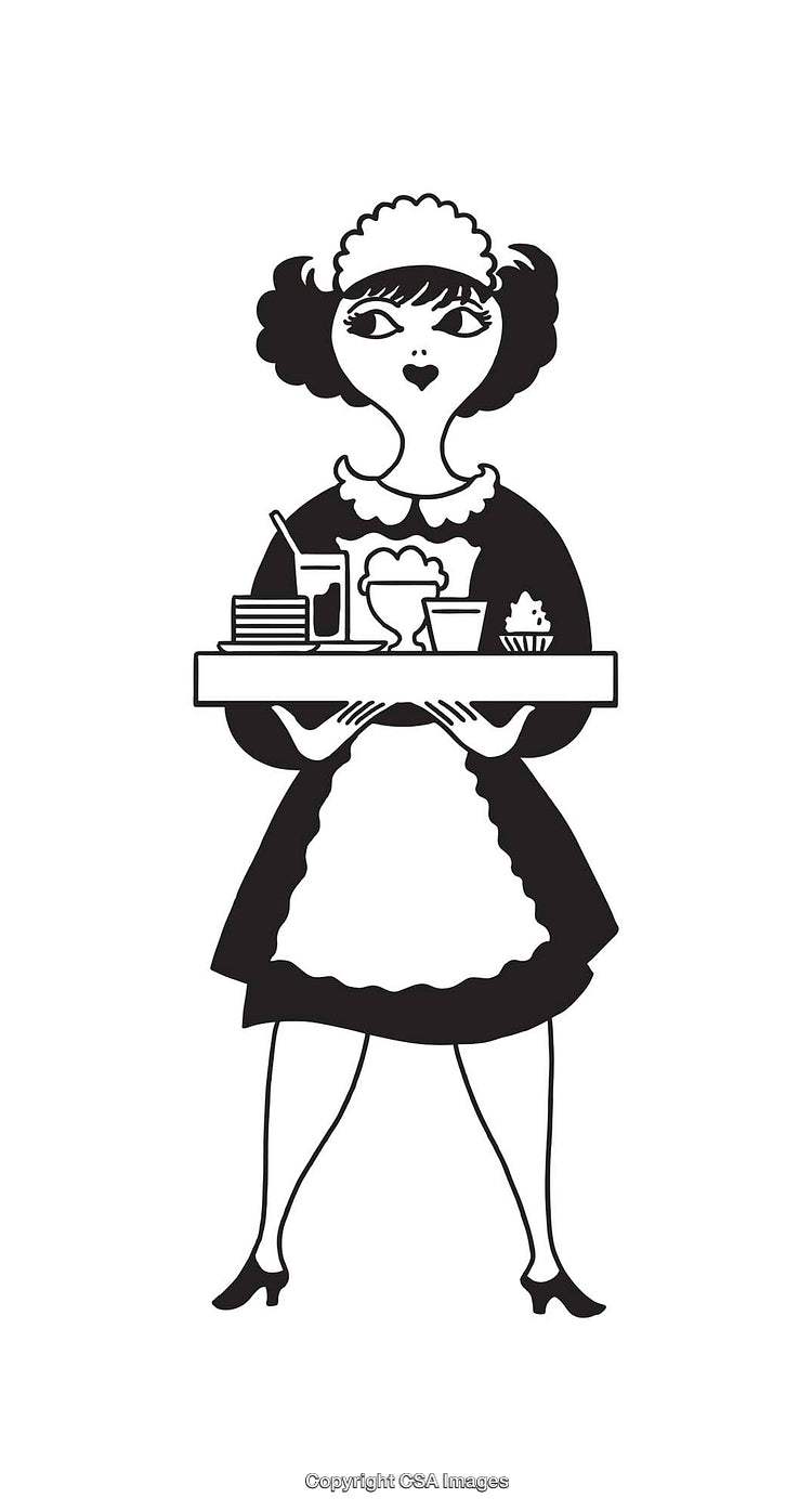 Black and White Illustration of a Maid Carrying a Tray of Food