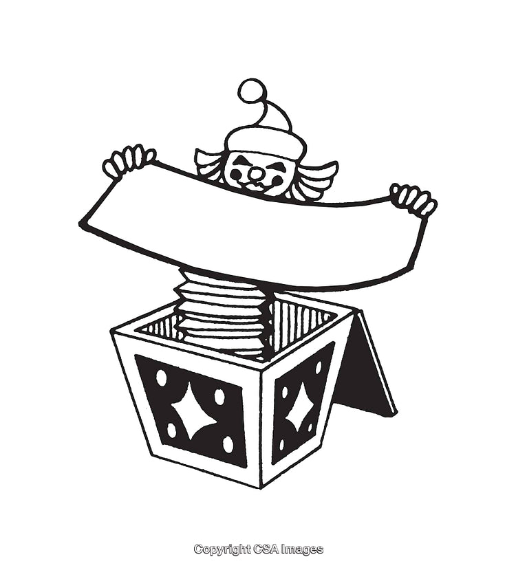 Black and White Illustration of a Jack-in-the-Box Holding a Banner