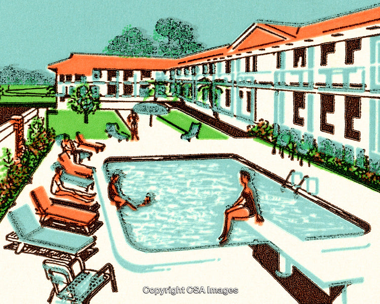 Retro Illustration of Poolside Relaxation at a Mid-Century Modern Hotel