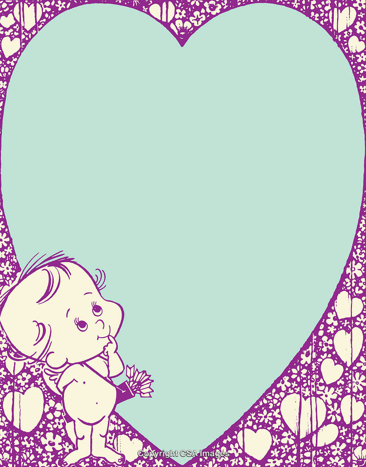 Color Line Art Illustration of a Cherub with Floral and Heart Frame
