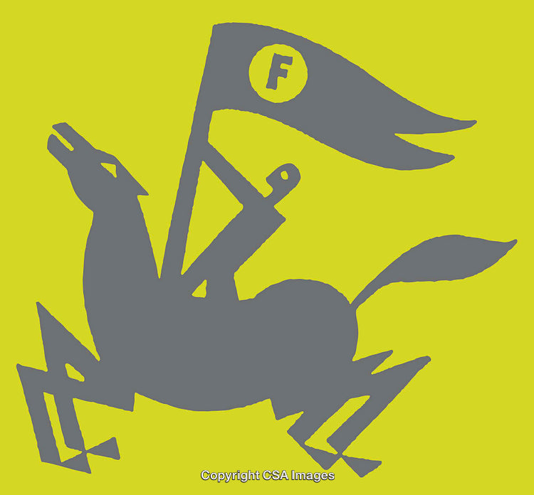 Abstract Grey Character Holding a Flag on Yellow Background