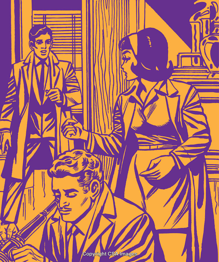Group of Individuals in Retro Style Engaged in a Mysterious Interaction