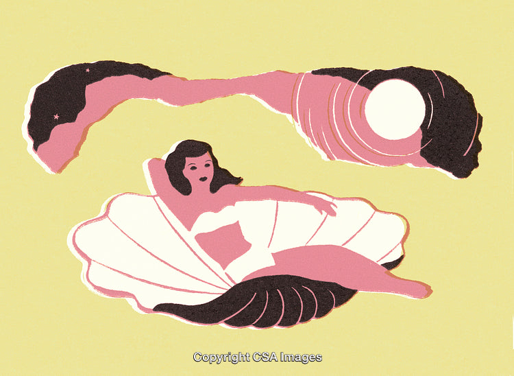 Abstract Illustration of Woman in Seashell and Lunar Motif