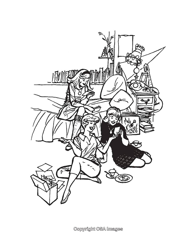 Relaxed Gathering of Friends in Line Art Style Interior