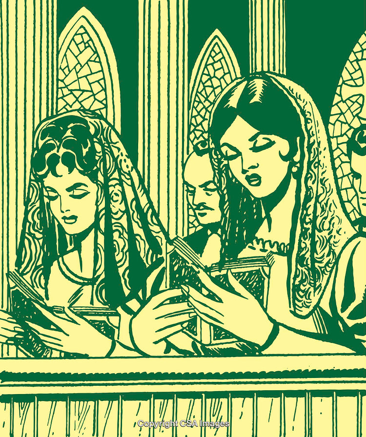 Vintage Illustration of Women Singing Hymns in a Church Setting