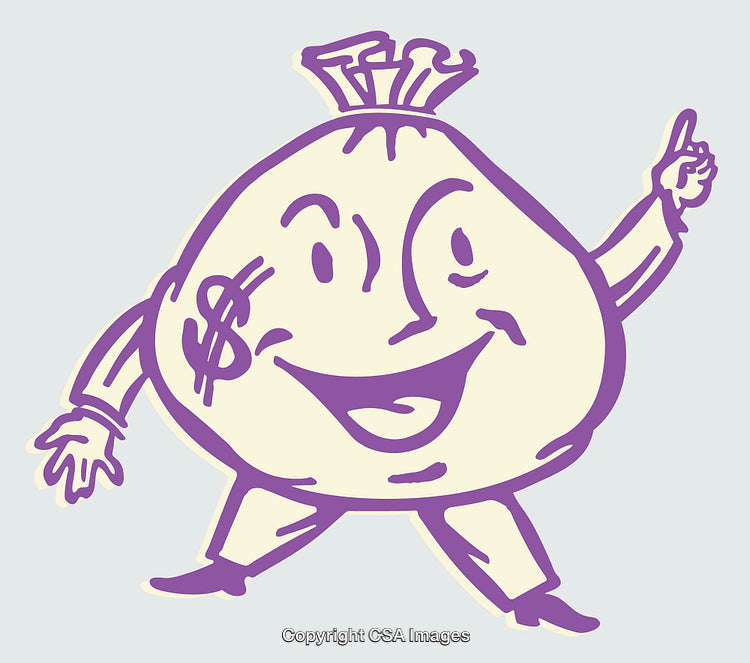 Cheerful Money Bag Cartoon Character in Dynamic Pose with Happy Expression