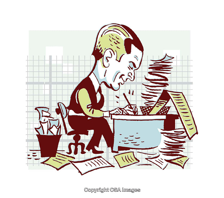 Illustration of a Businessman Hard at Work on Paperwork in Office