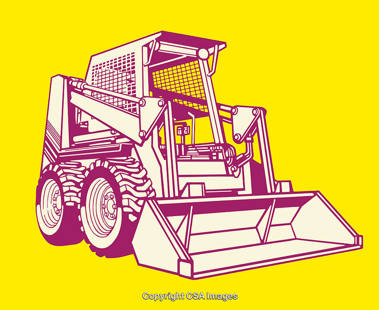 Colorful Line Art Illustration of a Skid Steer Loader on Yellow Background
