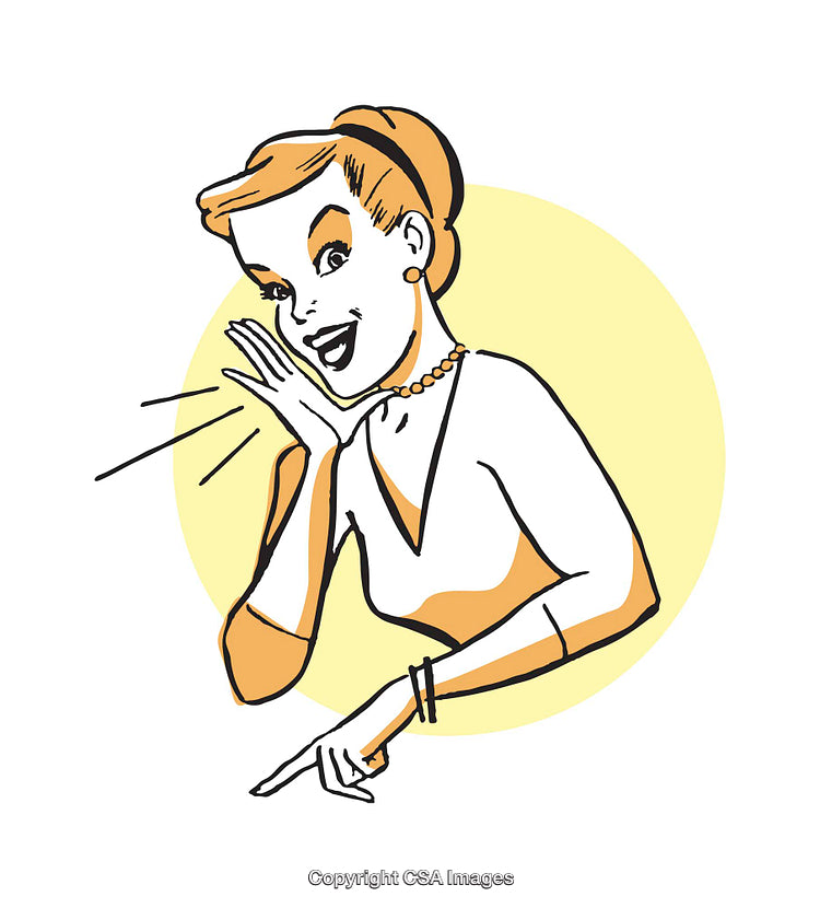 Retro Style Illustrated Woman Secretly Whispering in Excited Expression