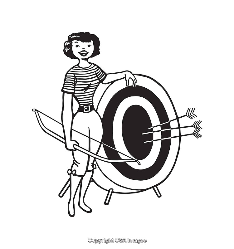 Retro Archery Scene Depicting A Woman With A Target and Bow