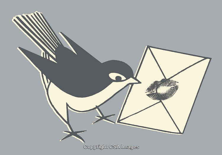 Illustration of a Bird with an Envelope Featuring a Lipstick Kiss Mark