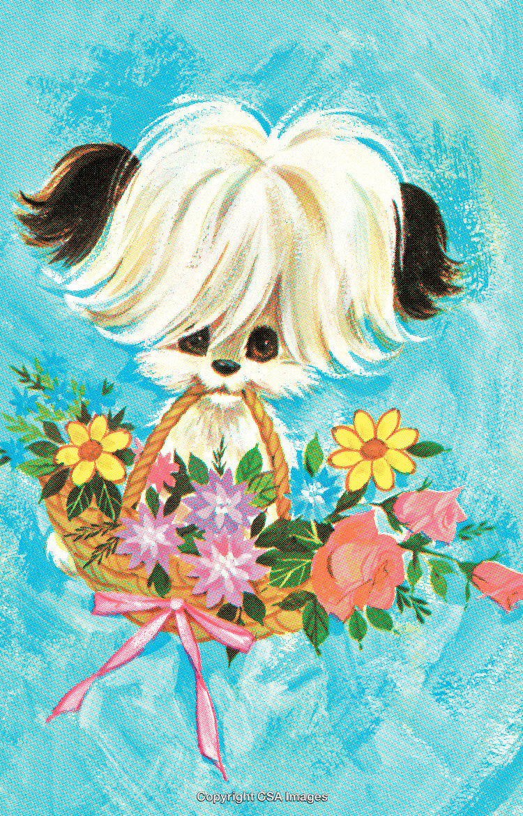 Adorable Fluffy Puppy Carrying Basket of Colorful Flowers on a Bright Day