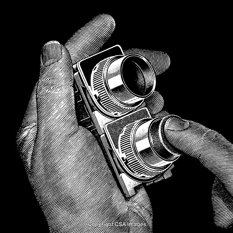 Vintage Handheld Camera Depicted in Detailed Engraved Artistic Style