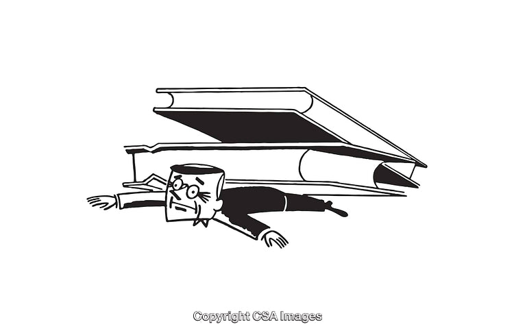 Cartoon Depiction of a Businessman Overwhelmed by Large Books
