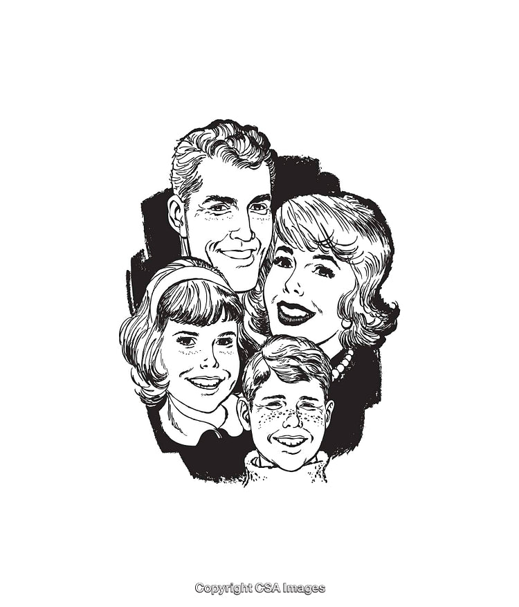 Retro Black-and-White Illustrated Portrait of a Smiling Family