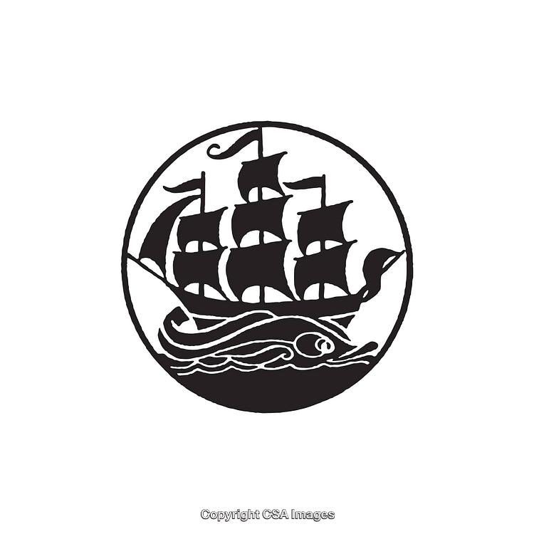 Black and White Line Art of a Sailing Ship and Fish Design