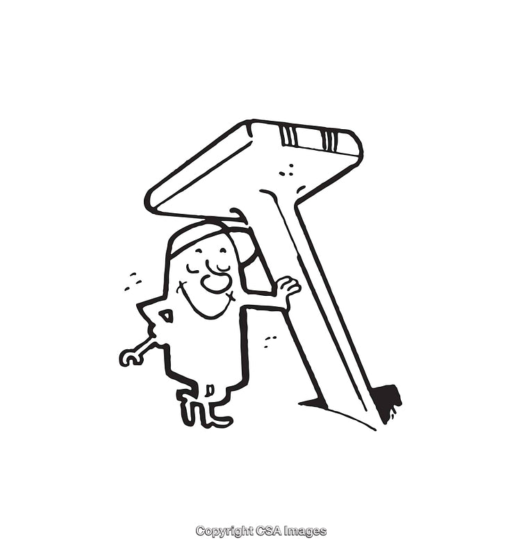 Cartoon Character with a Letter T Leaning in Black and White Illustration