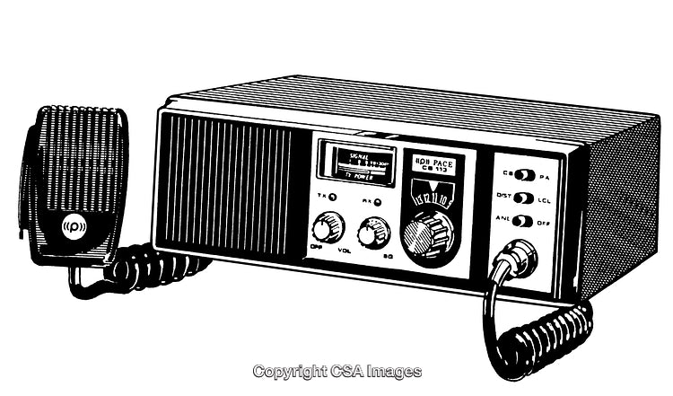 Vintage Black and White Illustration of a CB Radio Device with Microphone