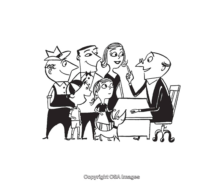 Black and White Line Art of Family Gathering Around Advisor