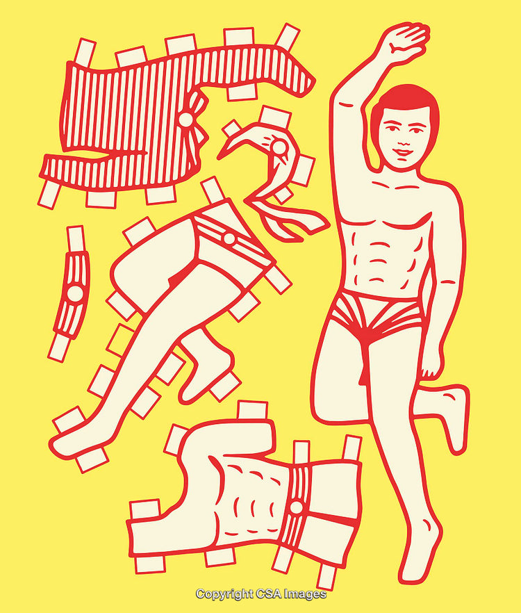 Retro Style Paper Doll Illustrations with Fashion Accessories on Yellow Background