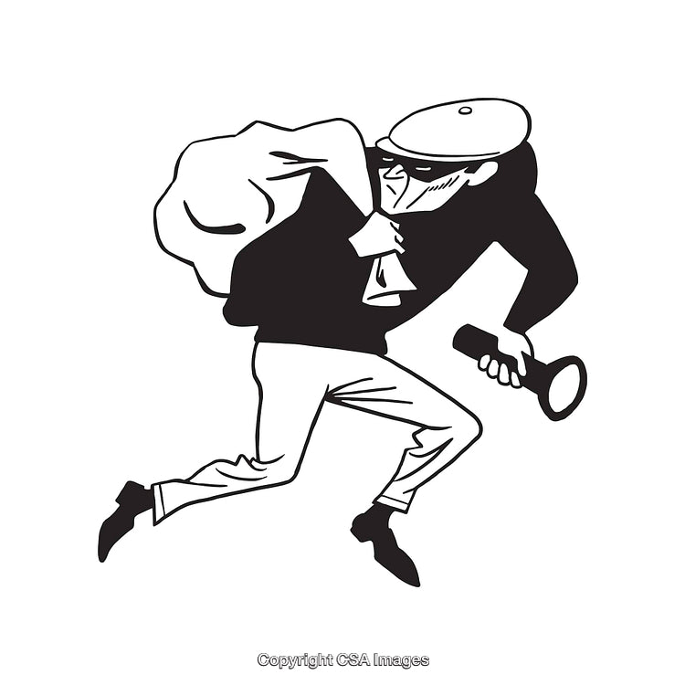 Black and White Line Art Illustration of a Burglar Carrying a Bag and Flashlight