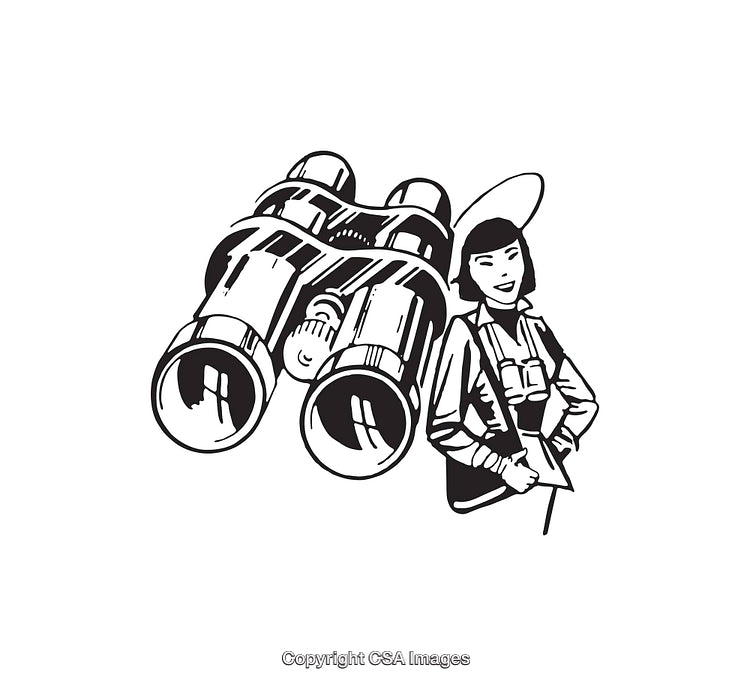Black and White Line Art Illustration of a Person with Binoculars
