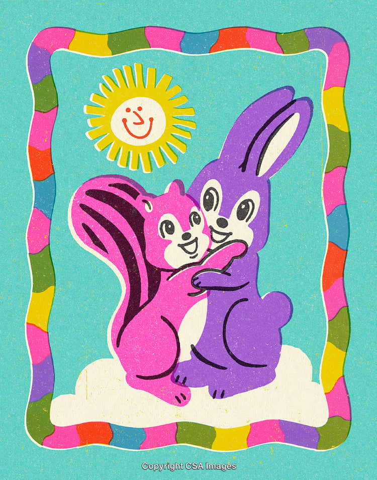 Colorful Illustration of a Bunny and Squirrel Embracing Under a Smiling Sun