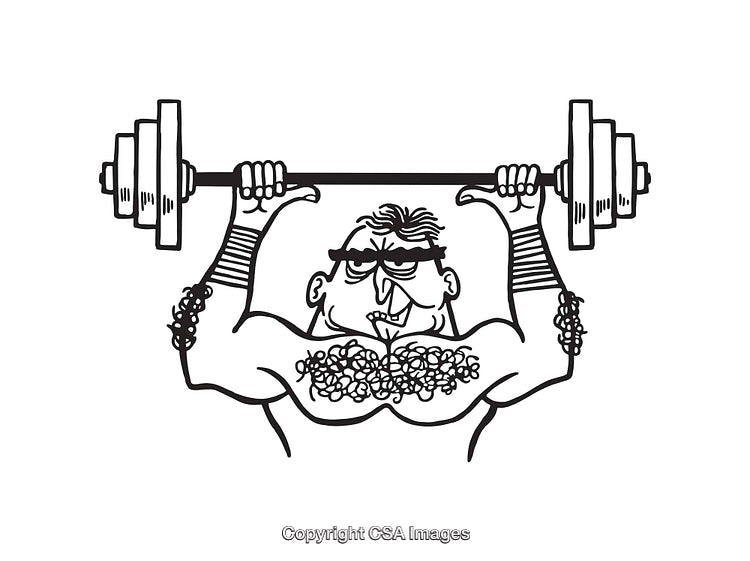 Illustrated Weightlifter Lifting Barbell in Black and White Line Art Style