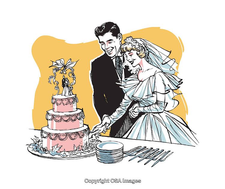 Bride and Groom Cutting Wedding Cake in Colorful Illustration