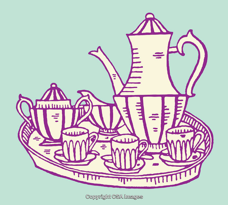 Elegant Tea Set Illustration Featuring Pots, Cups, and Tray in Minimalist Style