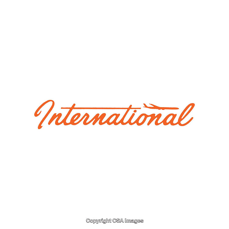 Orange International Lettering with Airplane Graphic on White Background