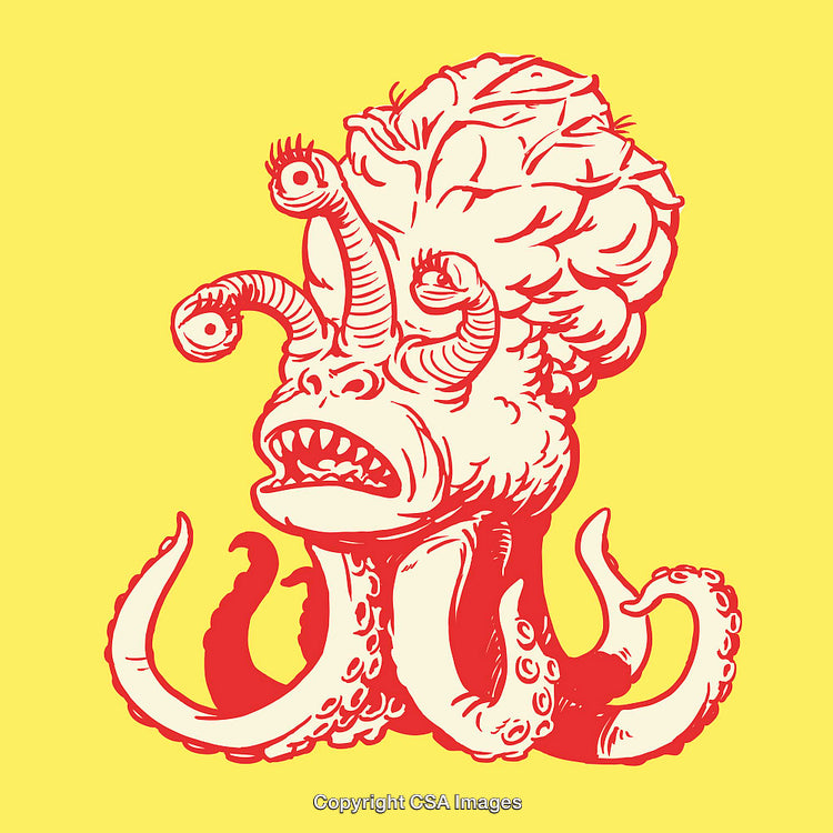 Surreal Tentacled Monster Illustration with Multiple Eyes on Yellow Background