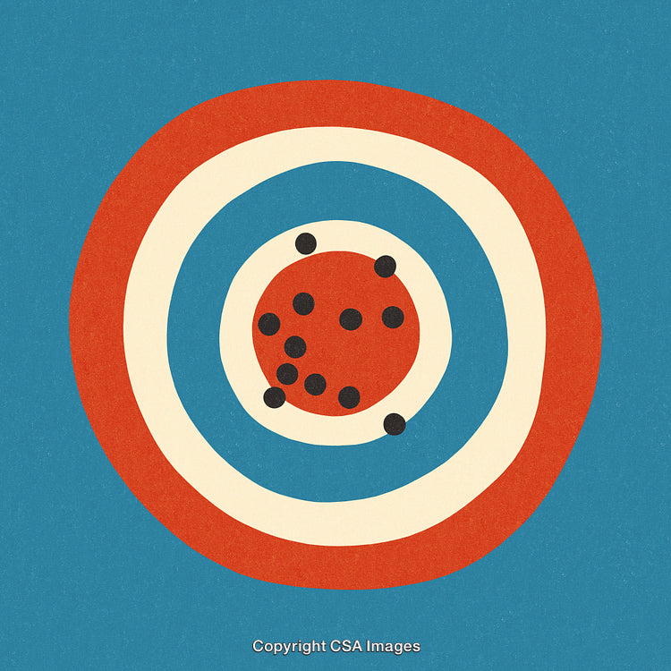 Retro Target Illustration with Colorful Rings and Black Dots on a Teal Background