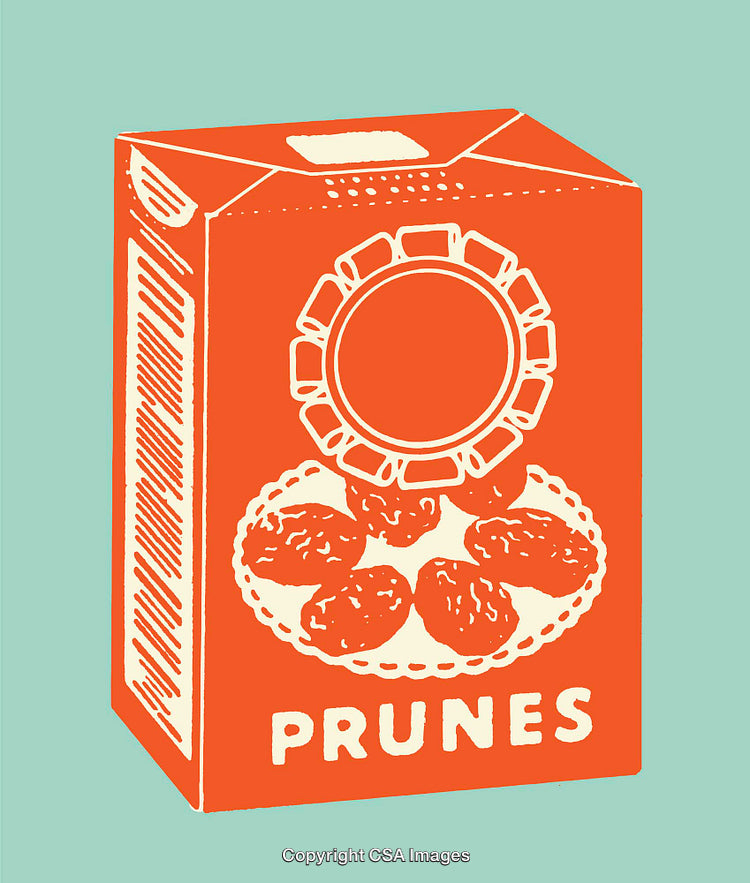 Illustrated Packaging Design Featuring a Box of Prunes in Orange and Teal
