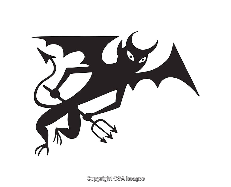 Black and White Illustration of a Devil Holding a Pitchfork