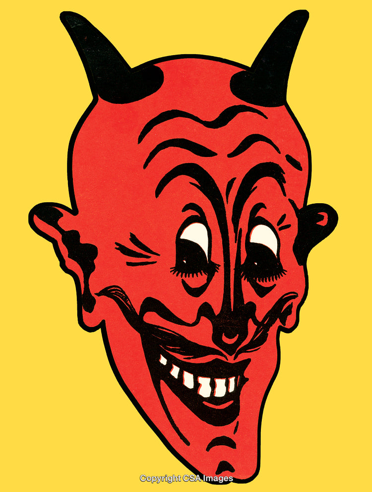 Vintage Illustration of a Smiling Red Devil on a Yellow Background