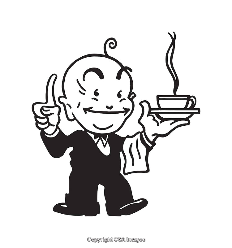 Charming Vintage Cartoon Waiter Holding a Cup of Hot Coffee
