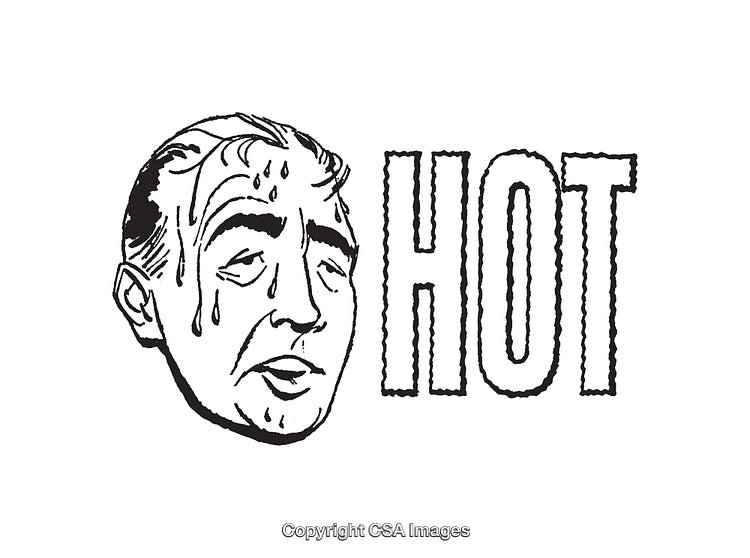 Black and White Illustration Featuring Sweating Man with Bold HOT Text