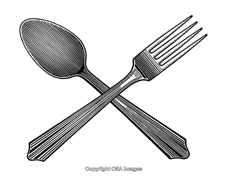 Engraved Illustration of Crossed Spoon and Fork in Black and White Style
